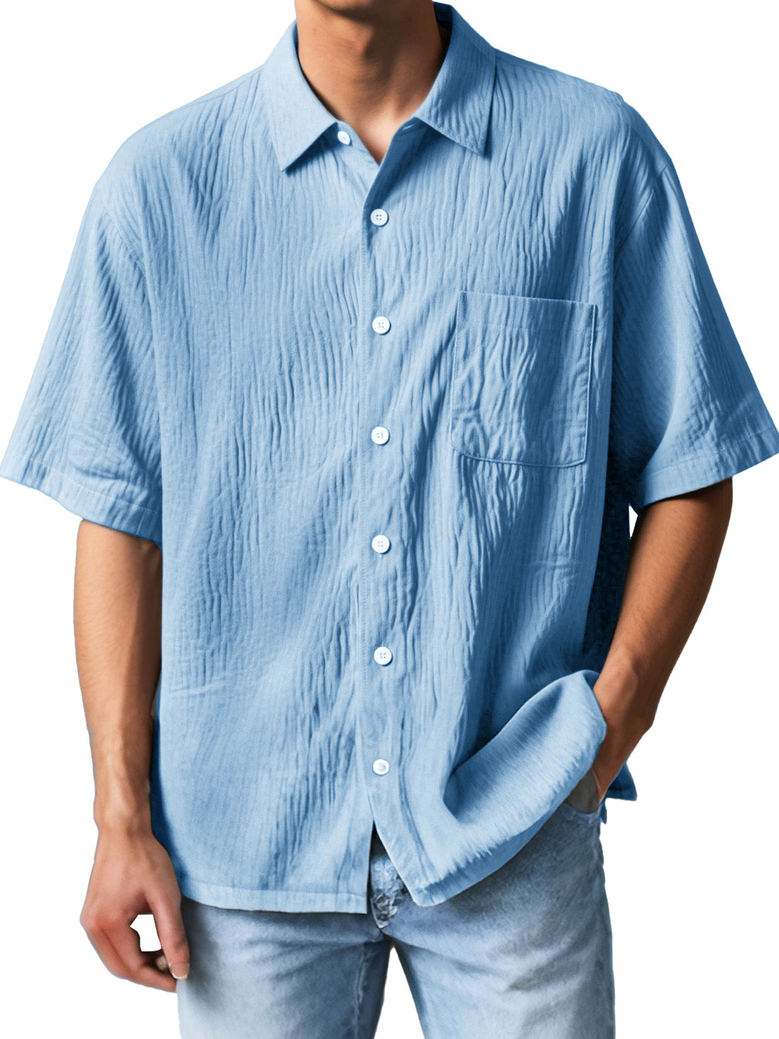  Men's Fashion Casual Textured Fabric Short-sleeved Lapel Pocket Shirt
