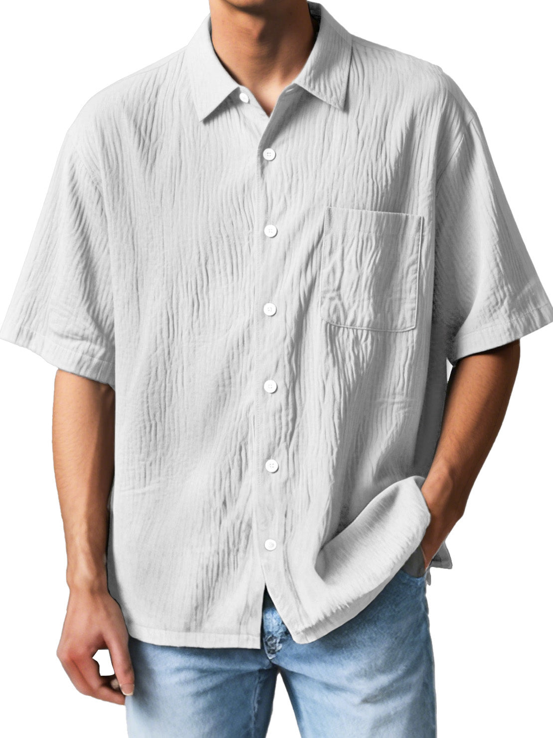  Men's Fashion Casual Textured Fabric Short-sleeved Lapel Pocket Shirt