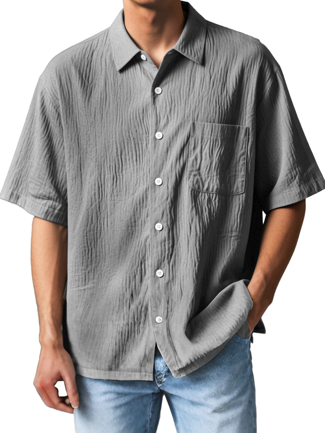 Men's Fashion Casual Textured Fabric Short-sleeved Lapel Pocket Shirt