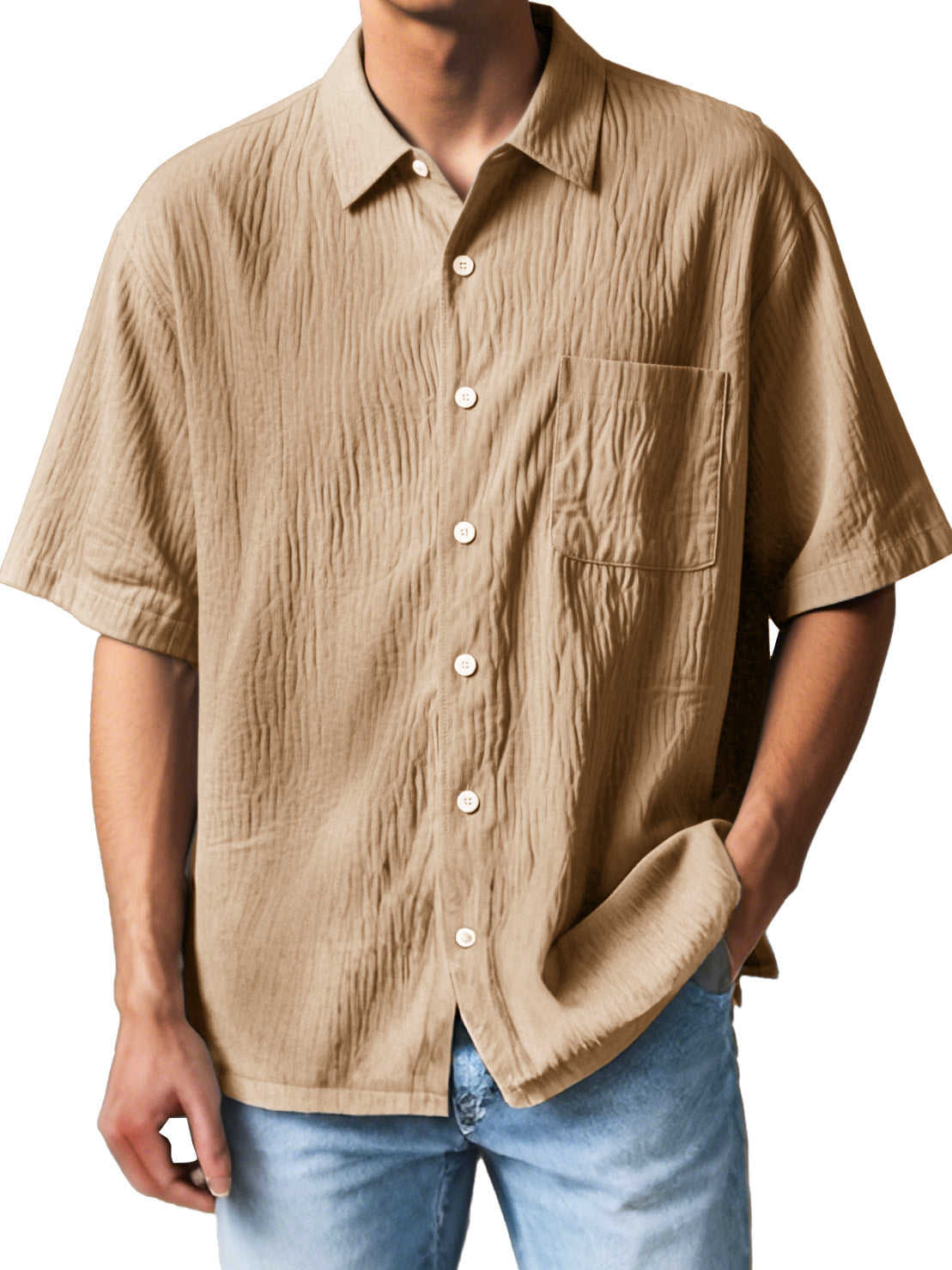  Men's Fashion Casual Textured Fabric Short-sleeved Lapel Pocket Shirt