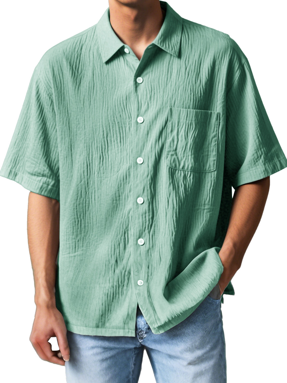  Men's Fashion Casual Textured Fabric Short-sleeved Lapel Pocket Shirt