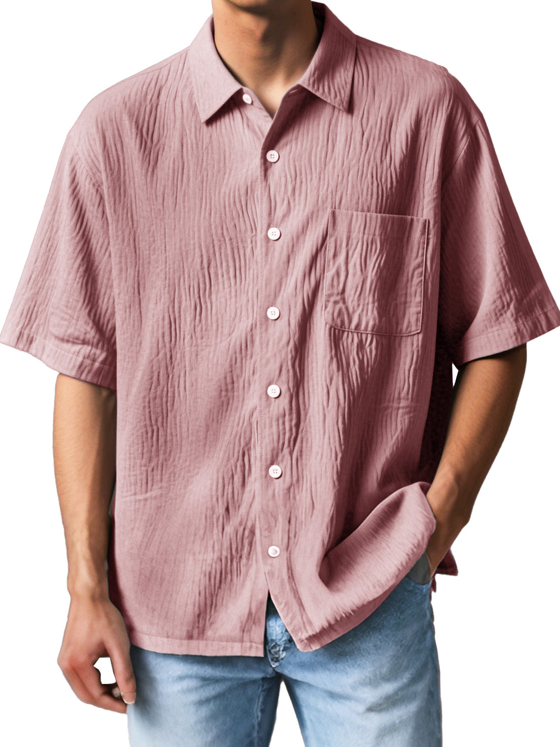  Men's Fashion Casual Textured Fabric Short-sleeved Lapel Pocket Shirt