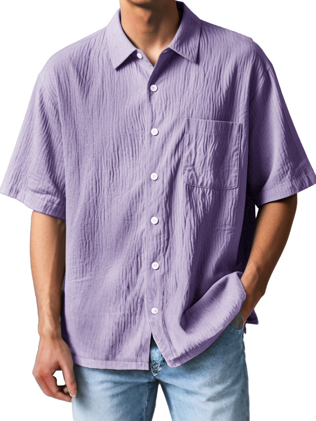  Men's Fashion Casual Textured Fabric Short-sleeved Lapel Pocket Shirt