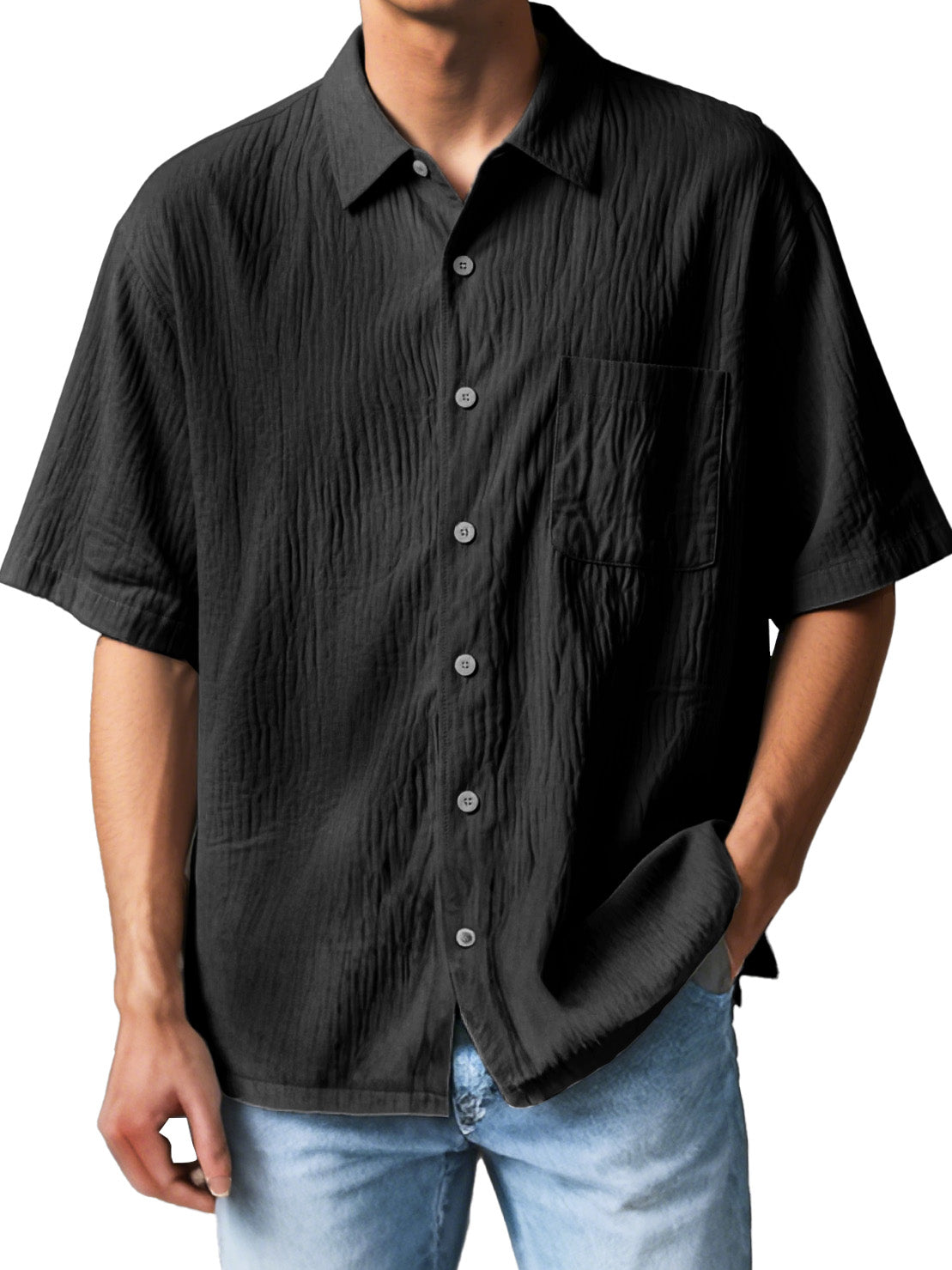  Men's Fashion Casual Textured Fabric Short-sleeved Lapel Pocket Shirt