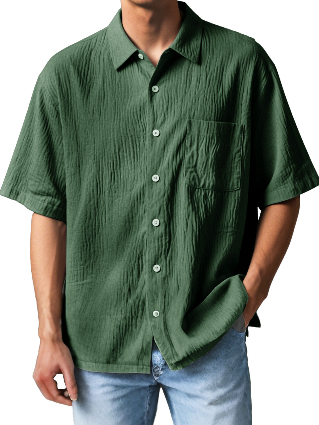  Men's Fashion Casual Textured Fabric Short-sleeved Lapel Pocket Shirt