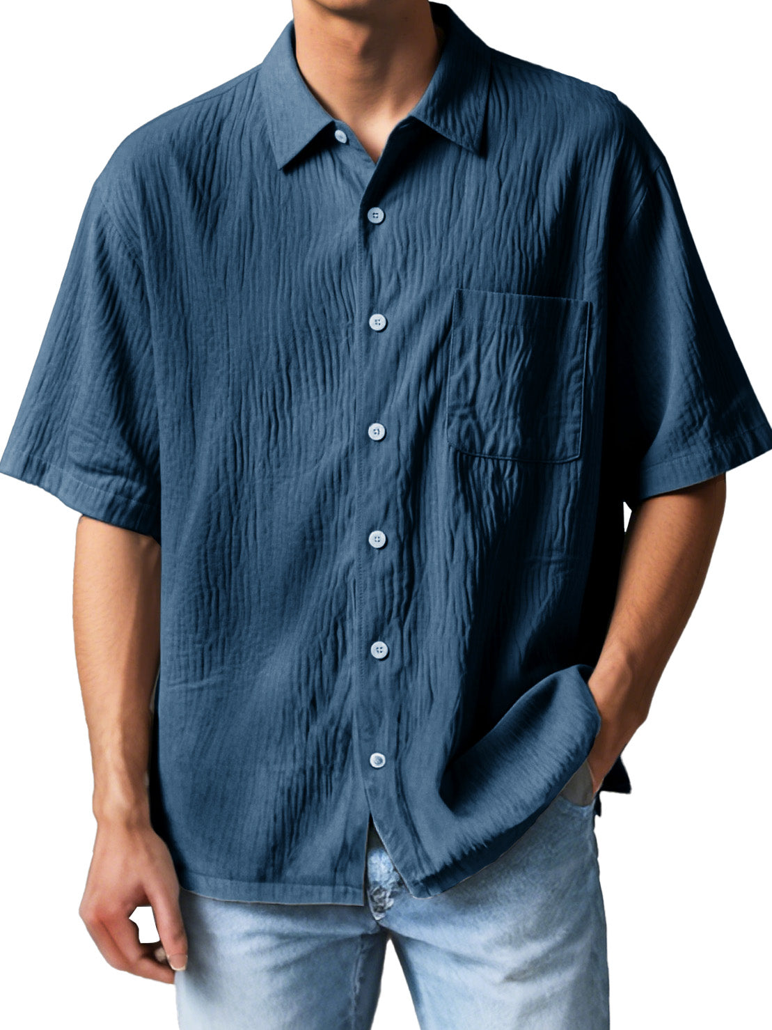  Men's Fashion Casual Textured Fabric Short-sleeved Lapel Pocket Shirt